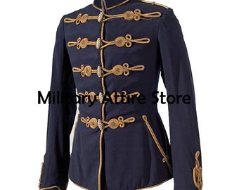May include: A dark navy blue jacket featuring a high collar and long sleeves, adorned with intricate gold braided cord detailing and decorative circular gold buttons arranged in four horizontal rows across the front chest area.