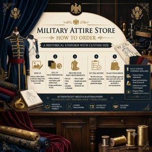 Puede incluir: Una infograf&iacute;a titulada Military Attire Store How to Order, que detalla un proceso de cinco pasos para uniformes hist&oacute;ricos a medida. Incluye un uniforme azul marino con adornos dorados, muestras de tela, una cinta m&eacute;trica e hilos dorados.