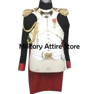 May include: A military uniform featuring a black jacket with red cuffs, a white chest piece, and gold epaulets. It includes a white belt with a gold buckle, a gold gorget, and a red sash. The text Military Attire Store is visible on the image.
