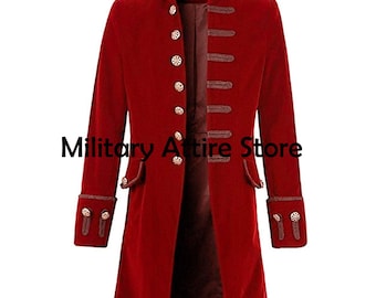 Halloween Frock Coat, Red Velvet Steampunk Pirate Captain Coat, Gothic Victorian Tailcoat Jacket