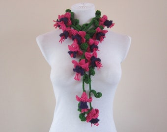 Fuchsia 3d Crochet Scarf, Crochet Wrappable Necklace with Floral Accents, Oya Boho Scarves, Crocheted Floral Jewellery, Wrap Women Accessory