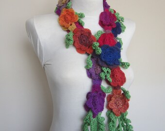 Flower Crochet Scarf, woman Multicolored Scarf, winter neck warmer, Flower Jewellery, valentines day gift, gift for her, Gift for Girlfriend