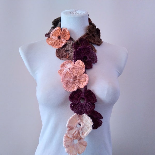 Woman Crochet Lariat Scarf, Flower Lariat Scarf, Long Necklace, Crocheted Jewelry, Floral Autumn Accessories, winter scarf, mothers day gift