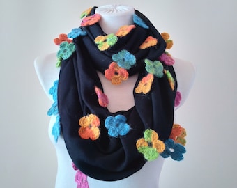 Infinity Scarf with Crochet Flowers, Multicolor Floral Circle Scarf, Women fabric necklace, mothers day gift, Winter Accessories