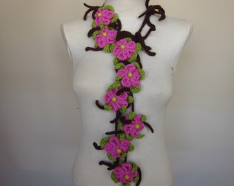 Crochet Flower Lariat Scarf, Long floral necklace scarf, Spring Flower Garden Scarf, Crochet Jewelry, mothers day gift, Girlfriend gift