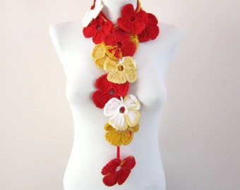 Crochet Scarf, Jewelry Scarves, Flower Lariat Necklace, Crocheted Women Accessories, Spring Scarf, Red Yellow White, Colorful, Variegated