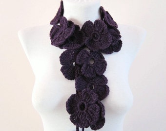 Crochet Lariat Scarf, Purple Flower Scarves, Long Necklace Jewelry, Crocheted Floral Accessories, Variegated, Women valentines day gift