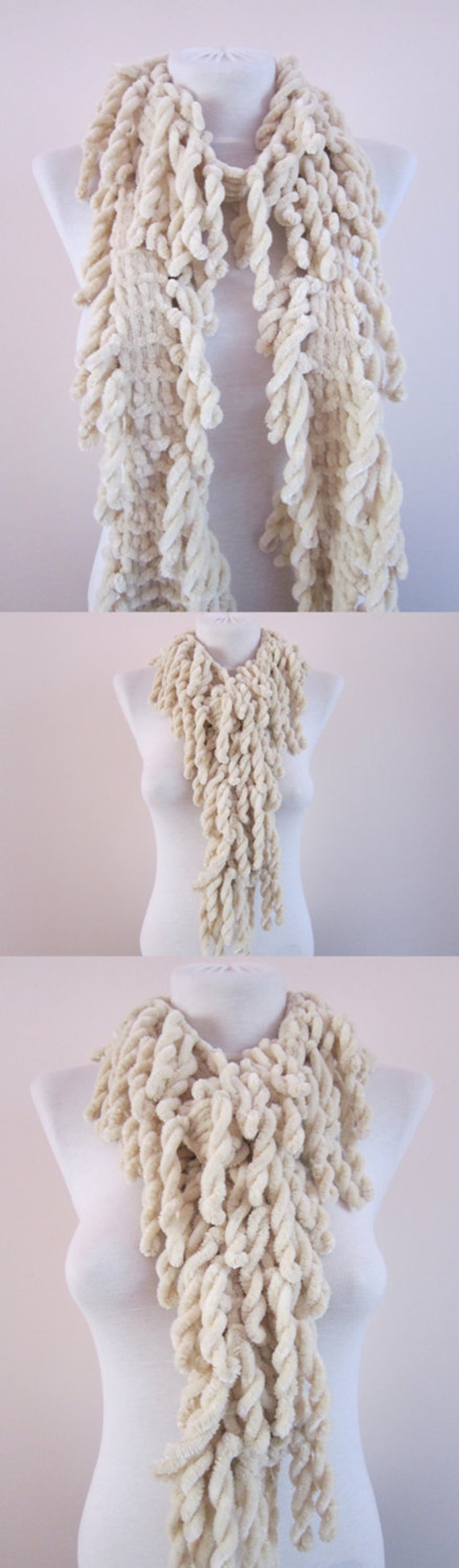 Cream Knit ScarfScarfSoft VelvetChunky ScarfRuffle Scarf Etsy
