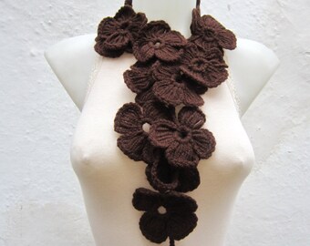 Lariat Crochet Scarf, Brown accessories, Flower Lariat Scarf, Crochet Necklace, Winter, Christmas Gift