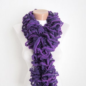 Knitting Ruffle Scarf, Frilly Lace Accessories, Women Purple Chunky Neckwarmer, Sashay Curly scarf, Christmas Gift, valentines day gift