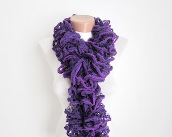 Knitting Ruffle Scarf, Frilly Lace Accessories, Women Purple Chunky Neckwarmer, Sashay Curly scarf, Christmas Gift, valentines day gift