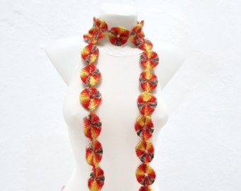 Crochet Lariat Scarf, Crocheted Necklace, Long Circle Jewellery, Skinny Accessories, Autumn, Wrap Scarves, Yellow Orange, mothers day gift