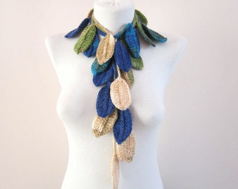 Crochet Scarf, Lariat Leaf Scarves, Leaves Necklace, Crocheted Jewelry, Batik, mothers day gift, Fall Fashion, Blue Green Cream, Colorful