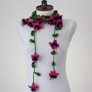 Fuchsia Crochet Flower Scarf, 3D Wrap Necklace, Boho Fall Winter Accessory, Handmade Oya Floral Scarf, Gift for Her, Layered Wrap