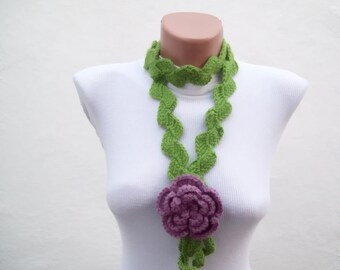 Crochet Necklace, Lariat Scarf, Flower Crochet Scarves, Women Crocheted Scarflette, Floral Jewelry, Green, Lilac, Purple, Gift for her