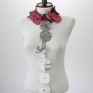 Crochet Lariat Scarf, Handmade Flower Wrap, Warm Winter Strand Necklace, Long Boho Floral Accessory, Unique Gift for Her