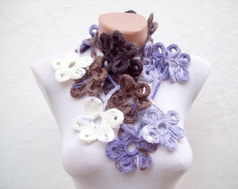 Flower Crochet Lariat Scarf, Women Long Necklace, Crochet Accessories, Colorful, Variegated, Winter Fashion, Lilac Brown, mothers day gift