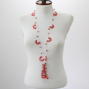 Handmade crochet necklace, red and white organza ribbon flowers, beaded summer jewelry, lightweight elegant accessory