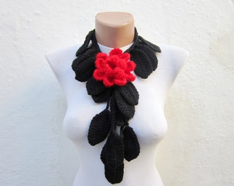 Lariat Scarf, Flower Leaf Necklace, Crochet Lariat Scarves, Brooch pin, Crocheted Jewelery, Red Black, Leaf Accessories, Floral Foulard