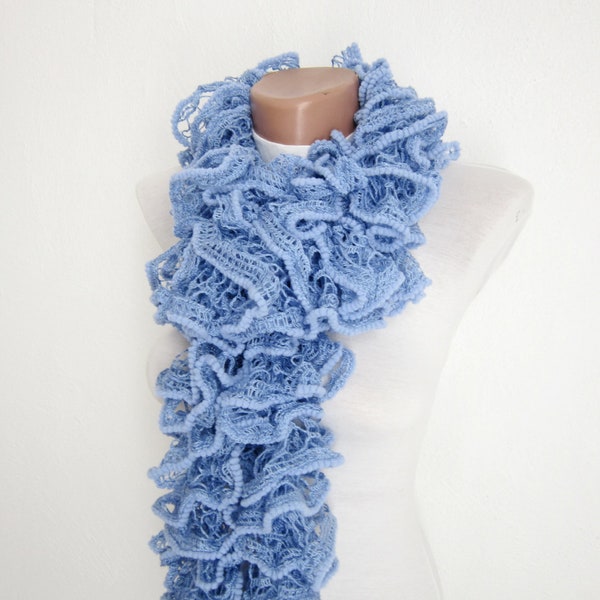 Blue Knit Scarf, Knitting Frilly Scarves, Ruffle Scarf, Salsa  Accessories, Lace Neckwarmer, Women Curly Scarf, valentines day gift