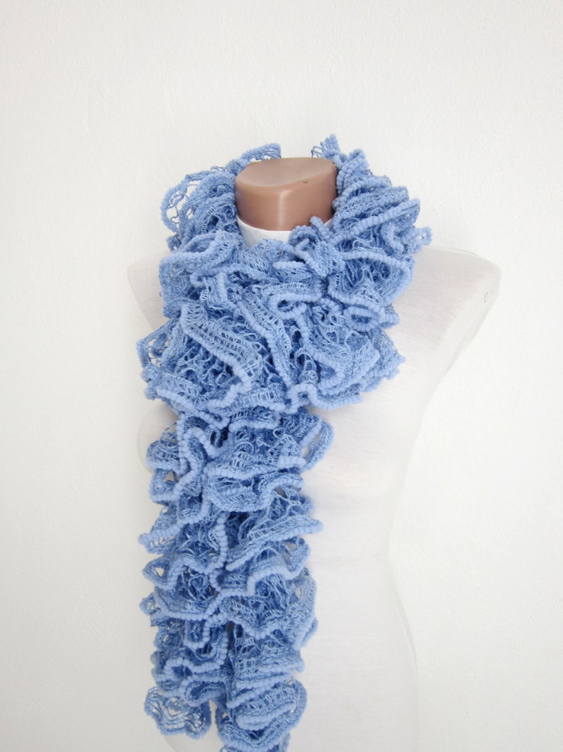 Blue Knit Scarf Knitting Frilly Scarves Ruffle Scarf Salsa Etsy