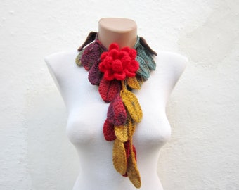 Removeable Brooch Pin, Crochet Lariat Scarf, Leaf Accessories, Flower and Leaves, Colorful Long Necklace Mothers Day, Christmas Gift