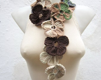 Autumn Crochet Lariat Scarf, Flower Lariat Scarf, Variegated Long Necklace, Crocheted Jewelry, Neck Accessories, Grey Cream  Brown Gree