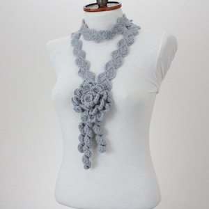 Crochet Rose Scarf in Grey, Handmade Flower Lariat, Fall Winter Neck Accessory, Cozy Boho Wrap, Unique Gift Idea for Her