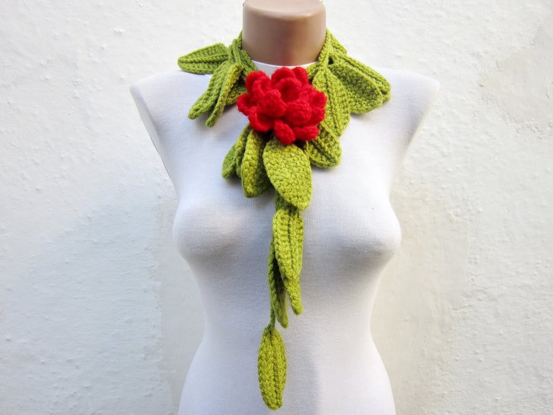 Removeable Brooch, Crochet Lariat Scarf, Leaf Scarf, Flower Necklace, Women Accessories, Green Red image 1