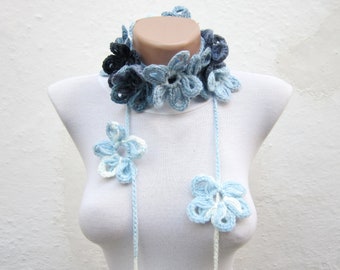 Mothers day gift, party scarf, girl Crochet Lariat Scarf, Flower Scarf,Long Necklace,Crochet Pendant, White Sky Blue  Navy Blue