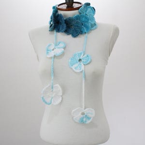Handmade Crochet Lariat Scarf, Blue White Floral Wrap, Women’s Cozy Winter Accessory, Long Boho Neck Scarf, Fall Winter Gift Idea