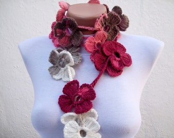 Strand Necklace, Scarf Crochet, Lariat Scarf, Flower Necklace, Crocheted Scarves, Women Jewelery, Autumn Accessories, White Burgundy Pink