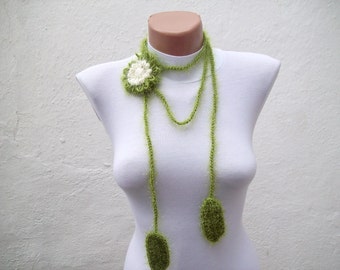Crochet Neck Accessory,Leaf Lariat Scarf,Flower Brooch pin