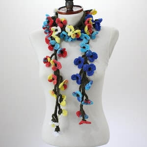 Crochet Flower Scarf: Handmade Boho Lariat Necklace, Colorful Floral Wrap