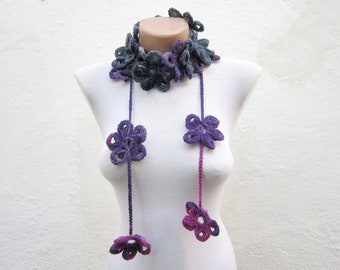 valentines day gift, Crochet Lariat Scarf, Flower Lariat Scarves, Crocheted  Long Necklace, Floral Women Jewelry, Grey Purple, Winter Scarf