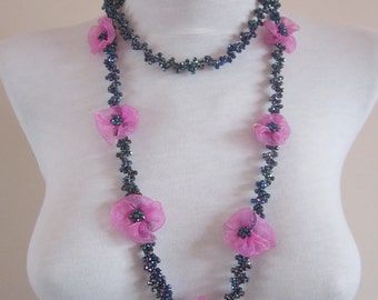 Crocheted Boho Beaded necklace, Blossom Pink Flowers, Crochet Necklace, Ribbon Flower Jewelry, Beadwork, Christmas Gift