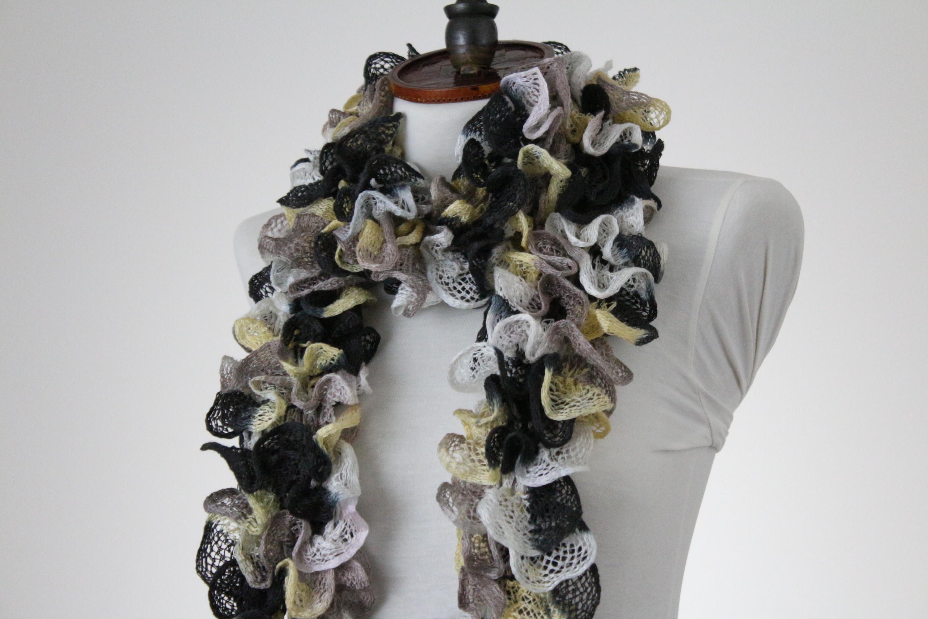Ruffle Scarf, Knit Frilly Scarf, Yellow Brown Black, Winter