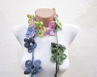 Lariat Scarf, Crochet Flower Scarves, Crocheted Necklace, Skinny Floral Jewelry, Women Winter Accessories, Green Pink Blue, mothers day gift