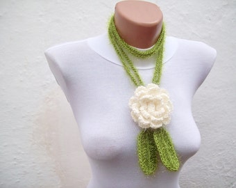 Women Flower Accessories, Crochet Lariat Scarf, Leaf Necklace, Rose Brooch Pin, Leaves Crocheted Woman Jewelry, Green Cream, Christmas Gift