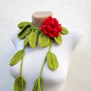 Removeable Brooch, Crochet Lariat Scarf, Leaf Scarf, Flower Necklace, Women Accessories, Green Red image 2