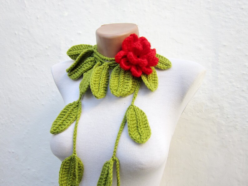 Removeable Brooch, Crochet Lariat Scarf, Leaf Scarf, Flower Necklace, Women Accessories, Green Red image 2