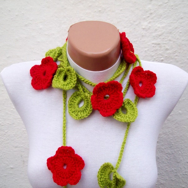 christmas Holiday Scarf, christmas gift, Lariat  Flower Scarves, Crochet Jewelry, Leaf Necklace, Green Red, Crocheted Accessories