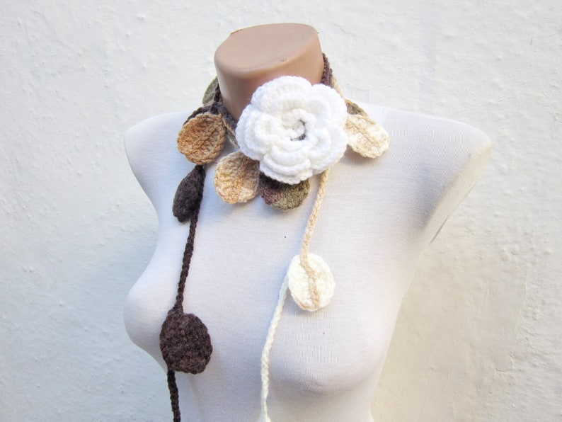 Autumn Fall Leaf Scarf, Floral White Brooch Pin, Crochet Scarves, Lariat Scarf, Leaves Necklace, Crocheted Woman Jewelry, Christmas Gift image 4