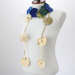 Crochet Lariat Scarf, Blue Green Flower Necklace Scarf, Summer Boho Wrap, Lightweight Handmade Accessory, Gift for Her