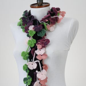 Crochet Flower Scarf, Colorful Long Floral Neck Wrap, Soft Yarn Skinny Scarf, Fall Spring Accessory, Handmade Gift for Women