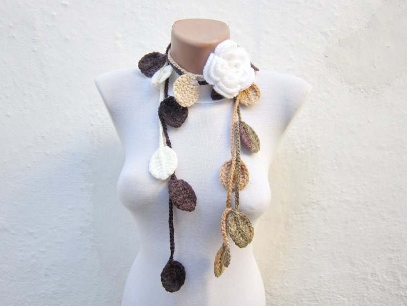 Autumn Fall Leaf Scarf, Floral White Brooch Pin, Crochet Scarves, Lariat Scarf, Leaves Necklace, Crocheted Woman Jewelry, Christmas Gift image 3