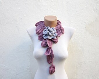 Leaf Lariat Scarf, Crocheted Brooch Pin, Crochet Flower Scarves, Floral Necklace, Rose Jewelry, Women Scarflette, Lilac Grey Accessories