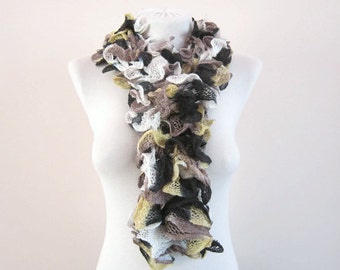 Ruffle Scarf, Knit Frilly Scarf, Yellow Brown Black, Winter Accessory, sashay Ruffled
