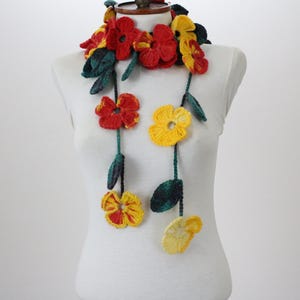 Crochet Lariat Flower Scarf Necklace: Long Boho Wrap with Leaf Accents, Handmade Autumn Accessory