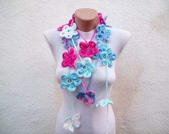 Flower Crochet Lariat Scarf, Floral Necklace, Crocheted Long Jewellery, Skinny Neck Accessories, Christmas Gift, Pink Blue, Mothers day gift